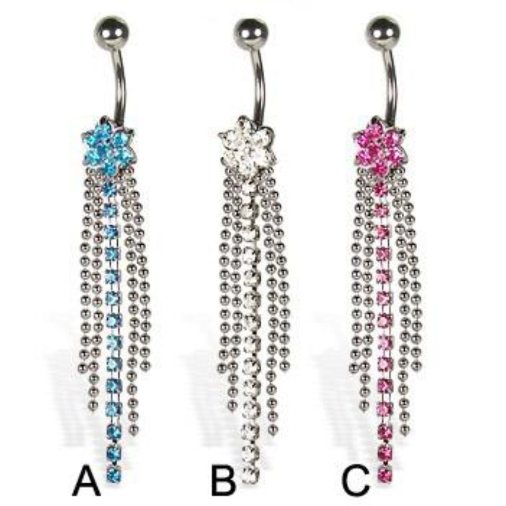 Navel Piercing ~ Long Tassel ~ Flower Crystal ~ 3 - Colors